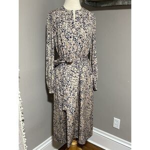 Vtg 70s POSH By Jay Anderson Beige Navy Floral‎ Modest Belted Sheath Retro Mod M